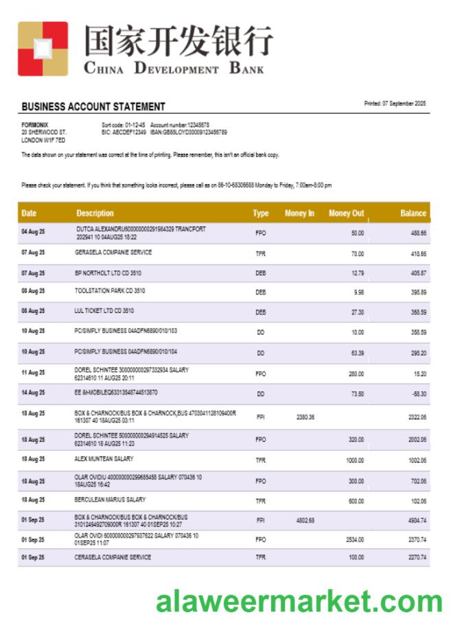 Chinese Development bank account business statement Word and PDF format
